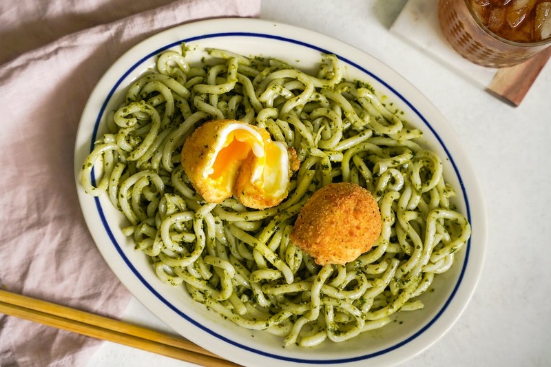 Pesto Udon with Crispy Soft Boiled Egg & Mai Tai